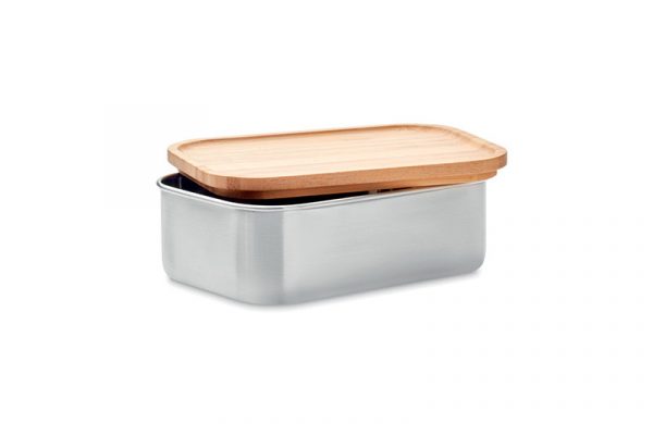 Lunchbox - Brotdose aus Edelstahl mit Bambus-Deckel und Besteck offen