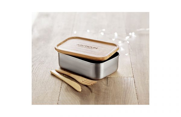 Lunchbox - Brotdose aus Edelstahl mit Bambus-Deckel und Besteck mit Lasergravur auf Deckel