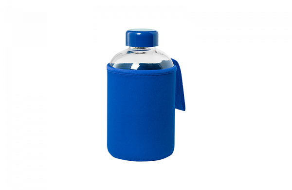 Glas Trinkflasche mit Softshell Hülle Blau