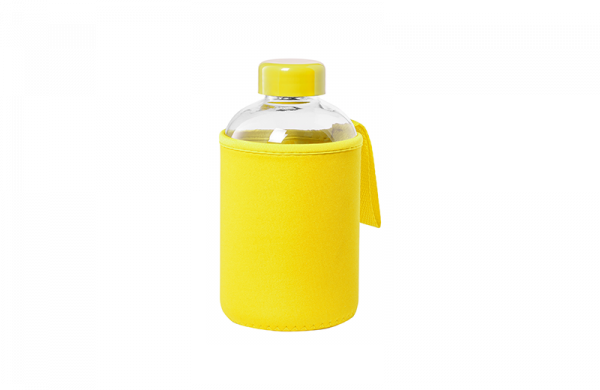 Glas Trinkflasche mit Softshell Hülle Gelb