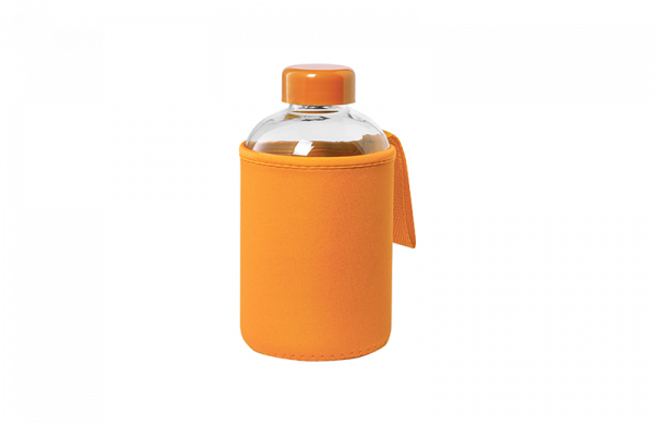 Glas Trinkflasche mit Softshell Hülle Orange