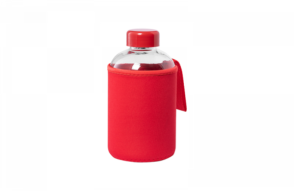 Glas Trinkflasche mit Softshell Hülle Rot