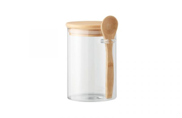 Vorratsglas aus bruchsicherem Glas mit Bambusdeckel und Löffel