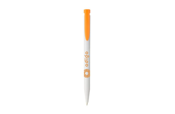 Kugelschreiber Re-New mit onangefarbenem Clip und Beispieldruck